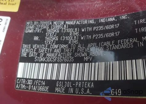 2015 Toyota Sienna Le 8 Passenger z USA, uszkodzony, nr VIN 5TDKK3DC5FS576035